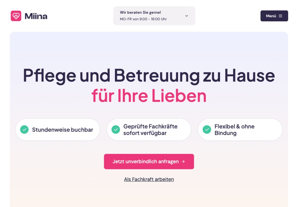 Miina marketplace homepage connecting caregivers with patients for home care in Austria