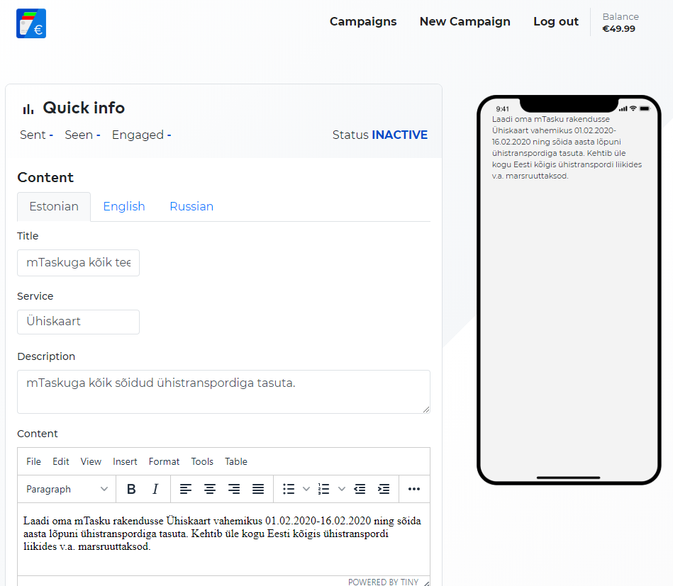 mTasku merchant self-service portal for creating mobile wallet campaigns with a live phone preview