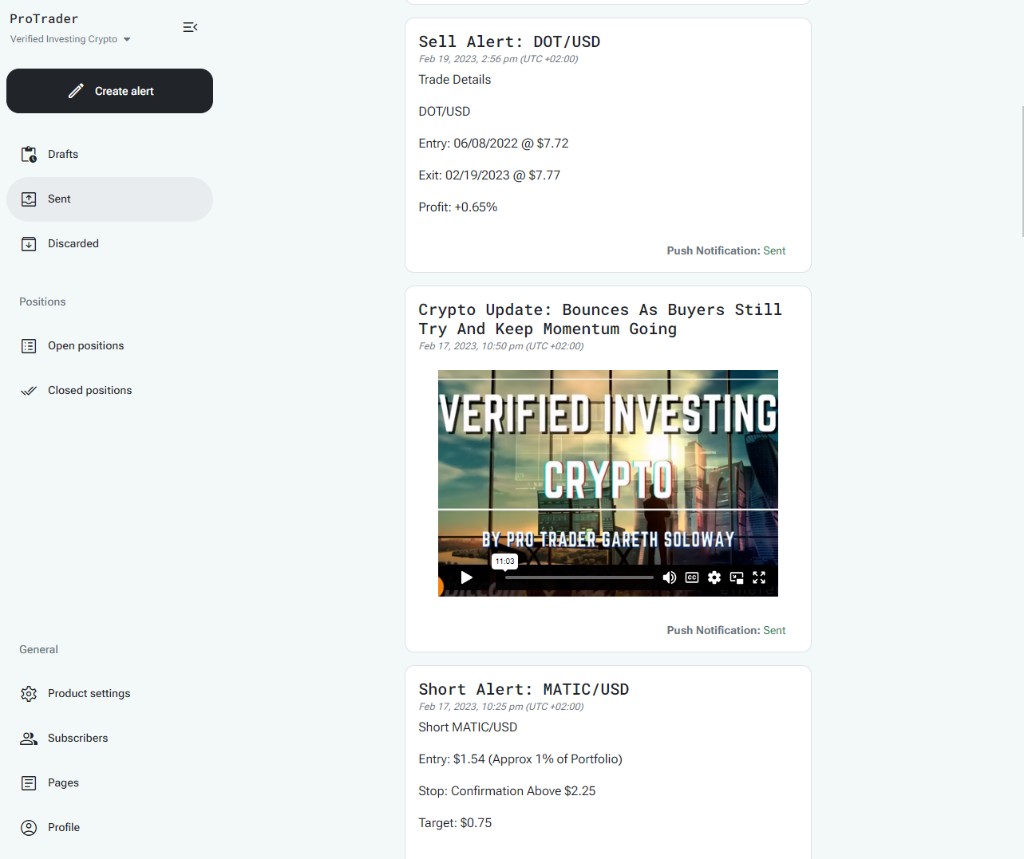 ProTrader dashboard for creating and sending stock and crypto trade alerts to subscribers