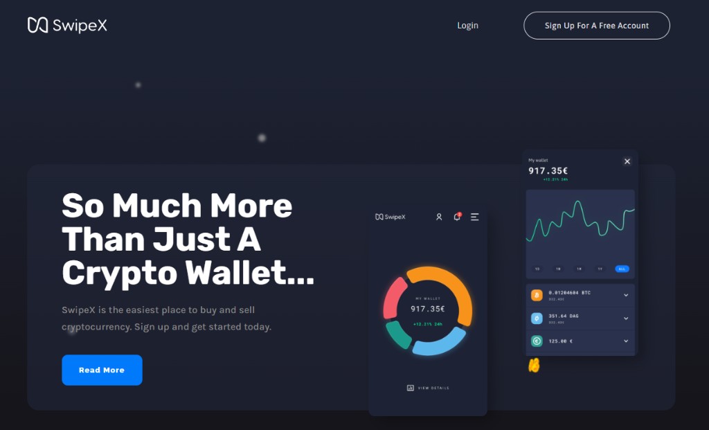 SwipeX crypto trading platform showing wallet balance, portfolio chart, and asset holdings