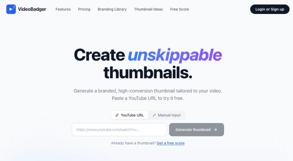 VideoBadger landing page with YouTube URL input to generate branded AI thumbnails